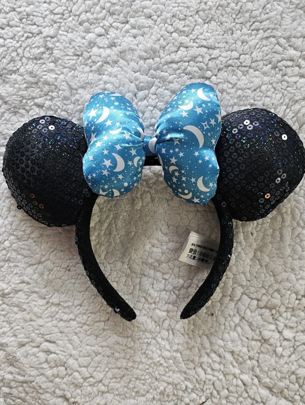 Disney Black Sequin Minnie Ears Headband with Blue Moon & Stars Bow